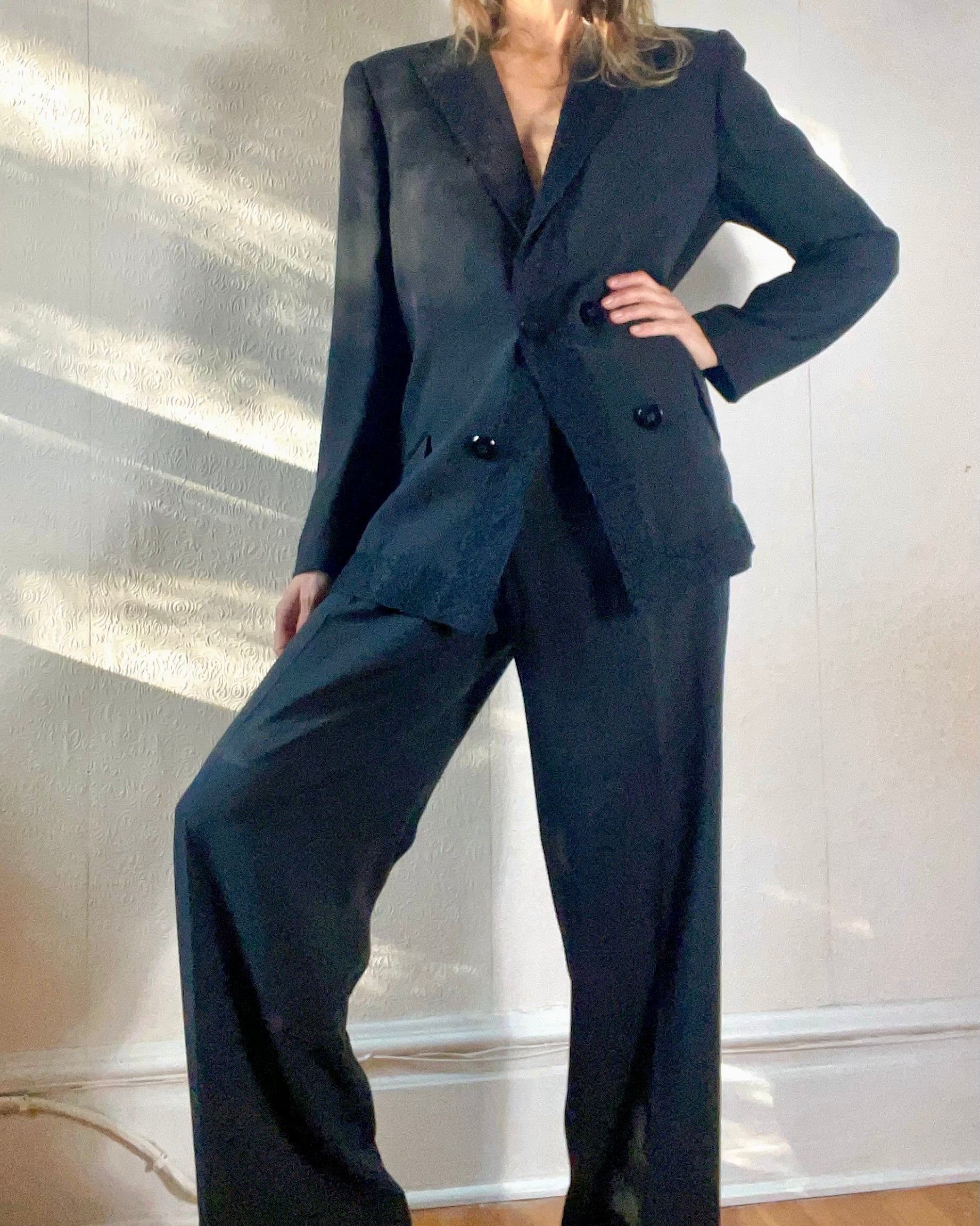 Vitange CHRISTIAN DIOR Black Crepe and Lace Tuxedo Suit Size 44 France 12 USA