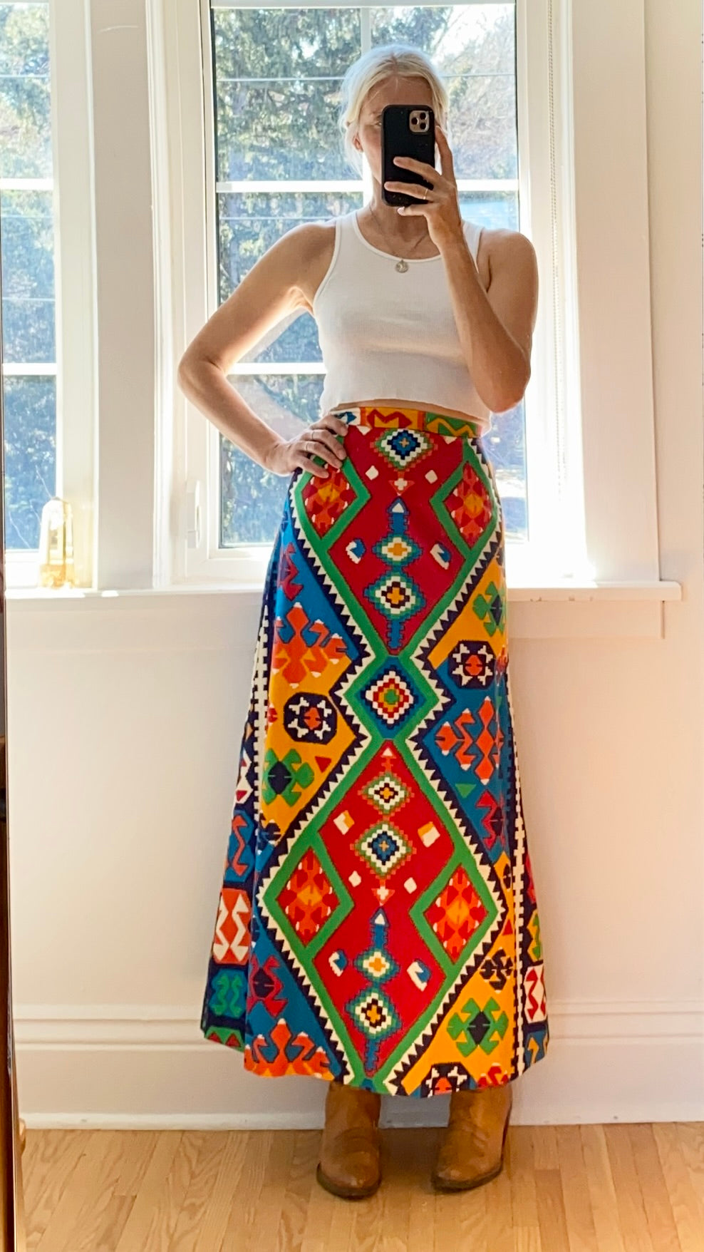 Vintage 1960s Cotton Aline Geometric Print Maxi Skirt S