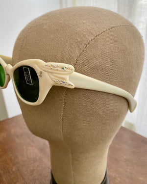 Vintage 1950s Italian Bone Color Lucite with Rhinestones Cat Eye Sunglasses Deadstock with Tags