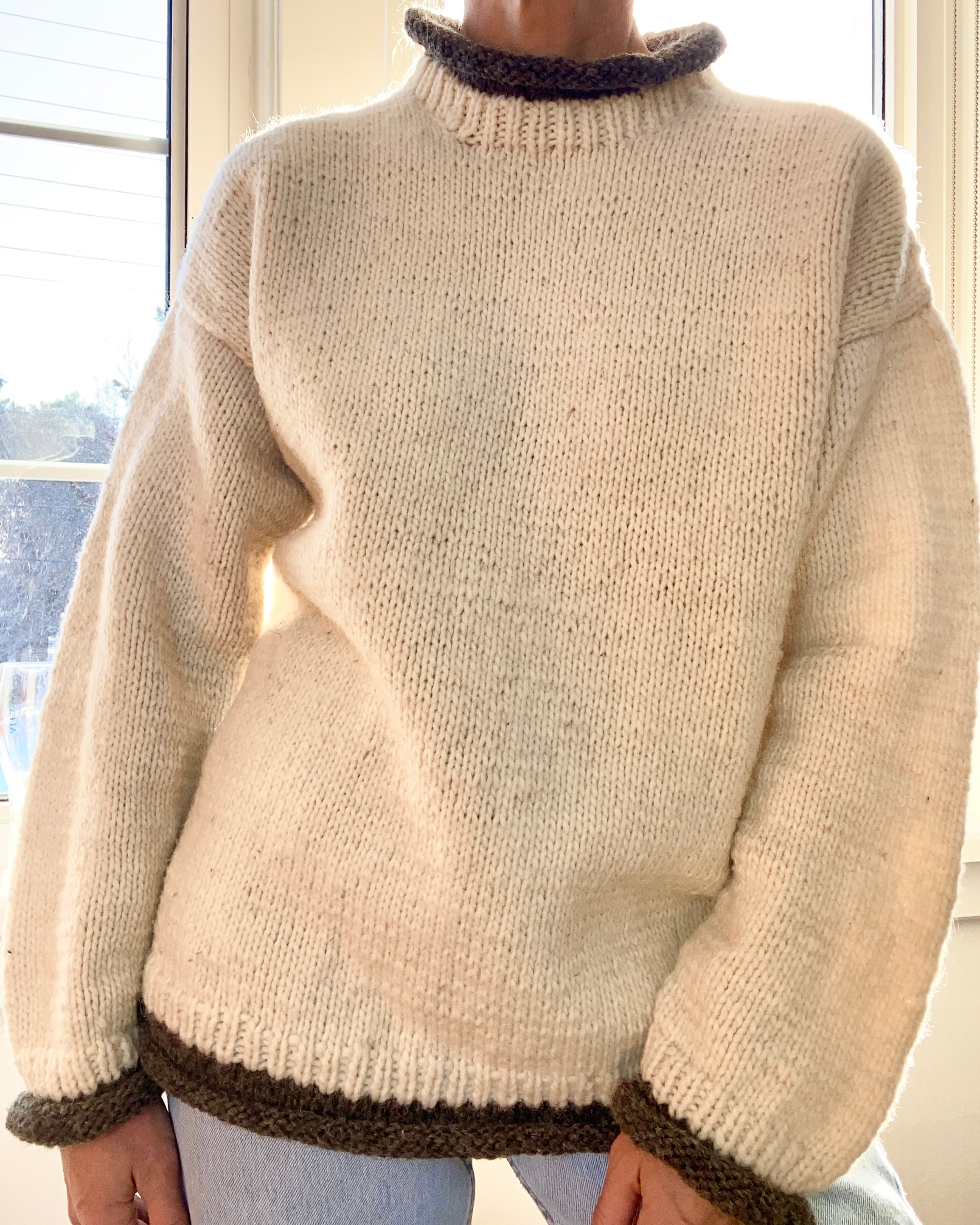 VINTAGE Cream Handknit Virgin Wool Rolled Neck Sweater