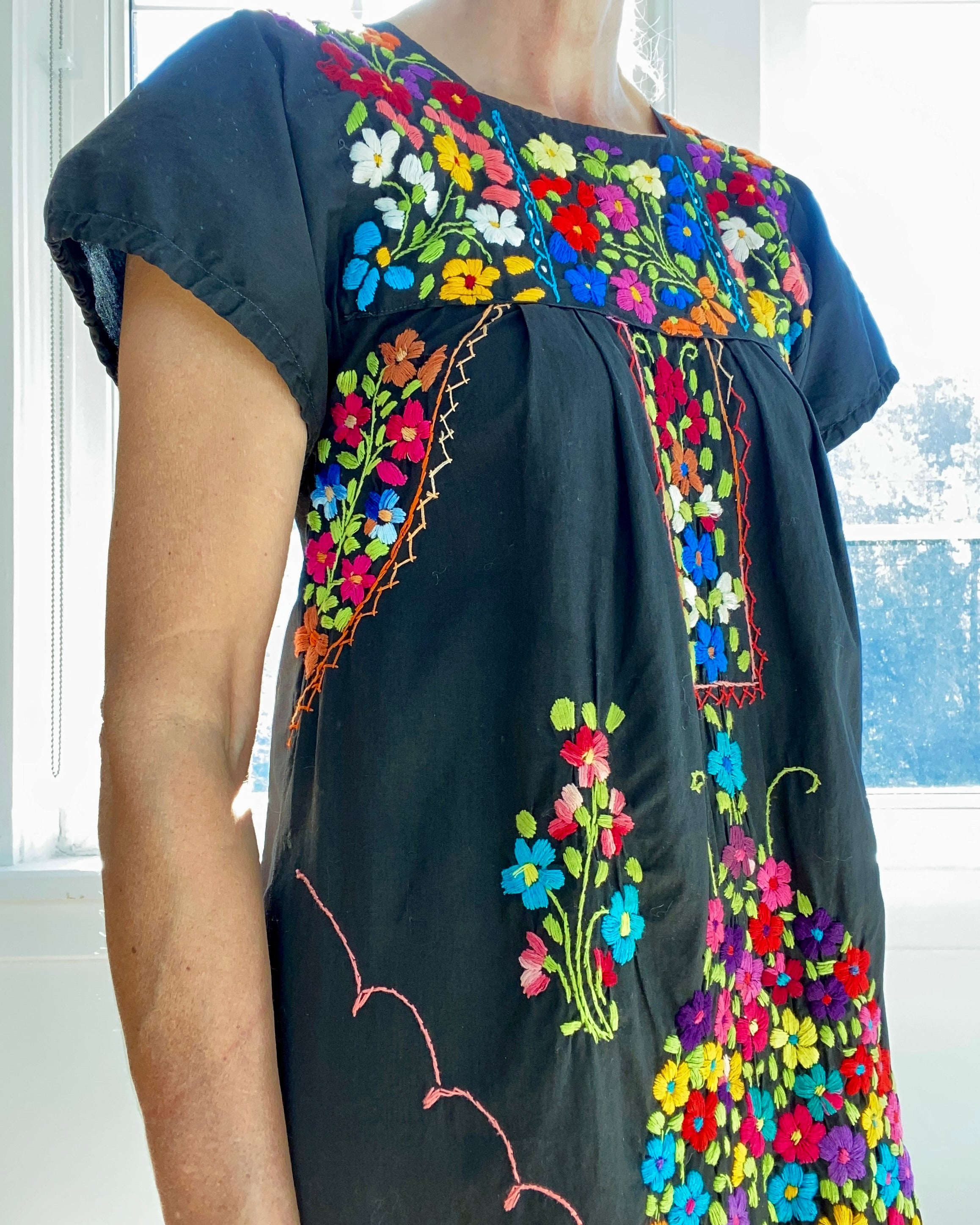 Vintage Mexican Embroidered Black Dress