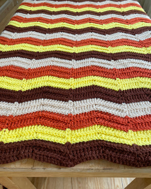 Vintage 1970s Handknit Crochet Chevron Blanket/Throw