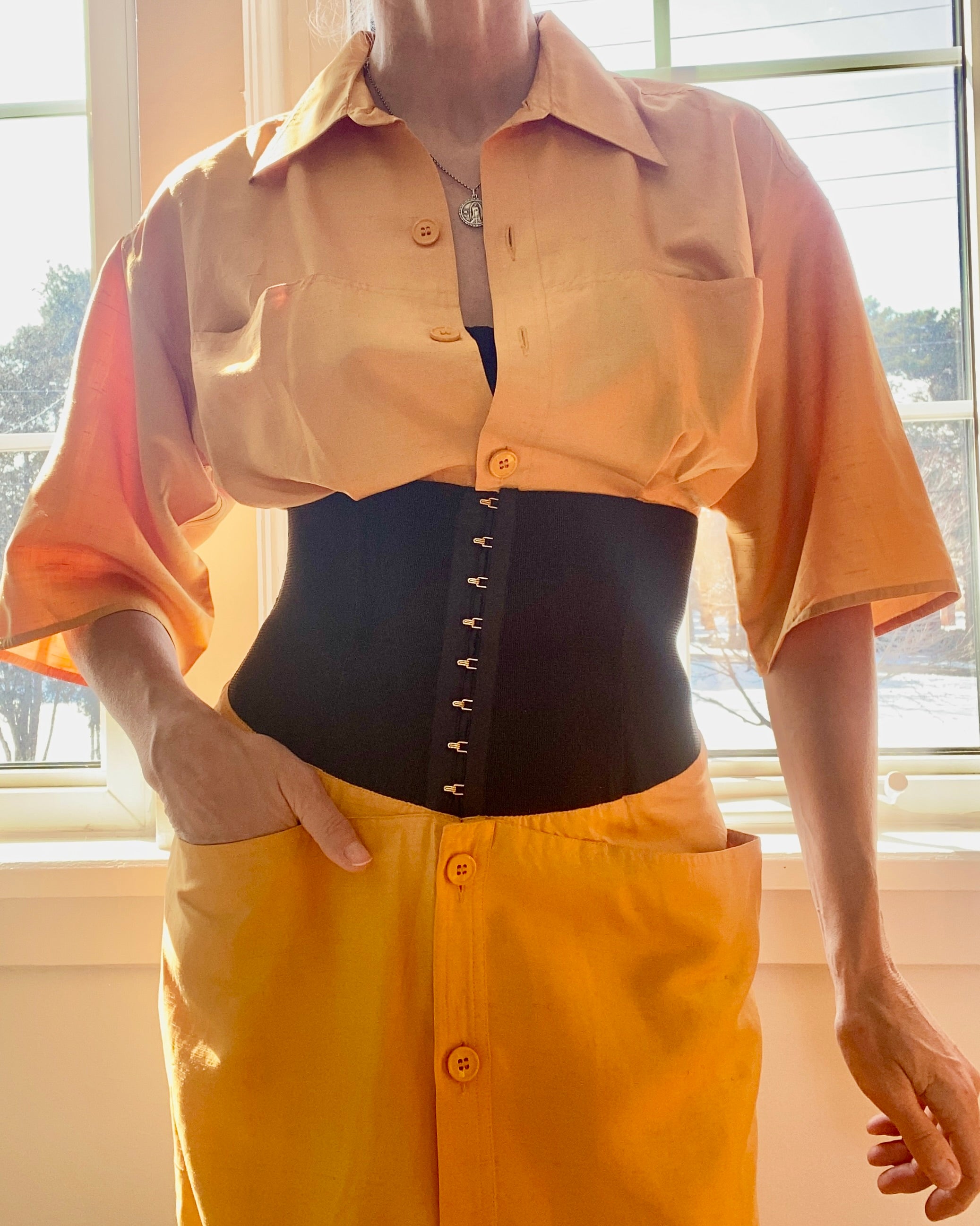Vintage 1980s GIANFRANCO FERRE Ocre Silk Corset Shirt Dress 42 6 8