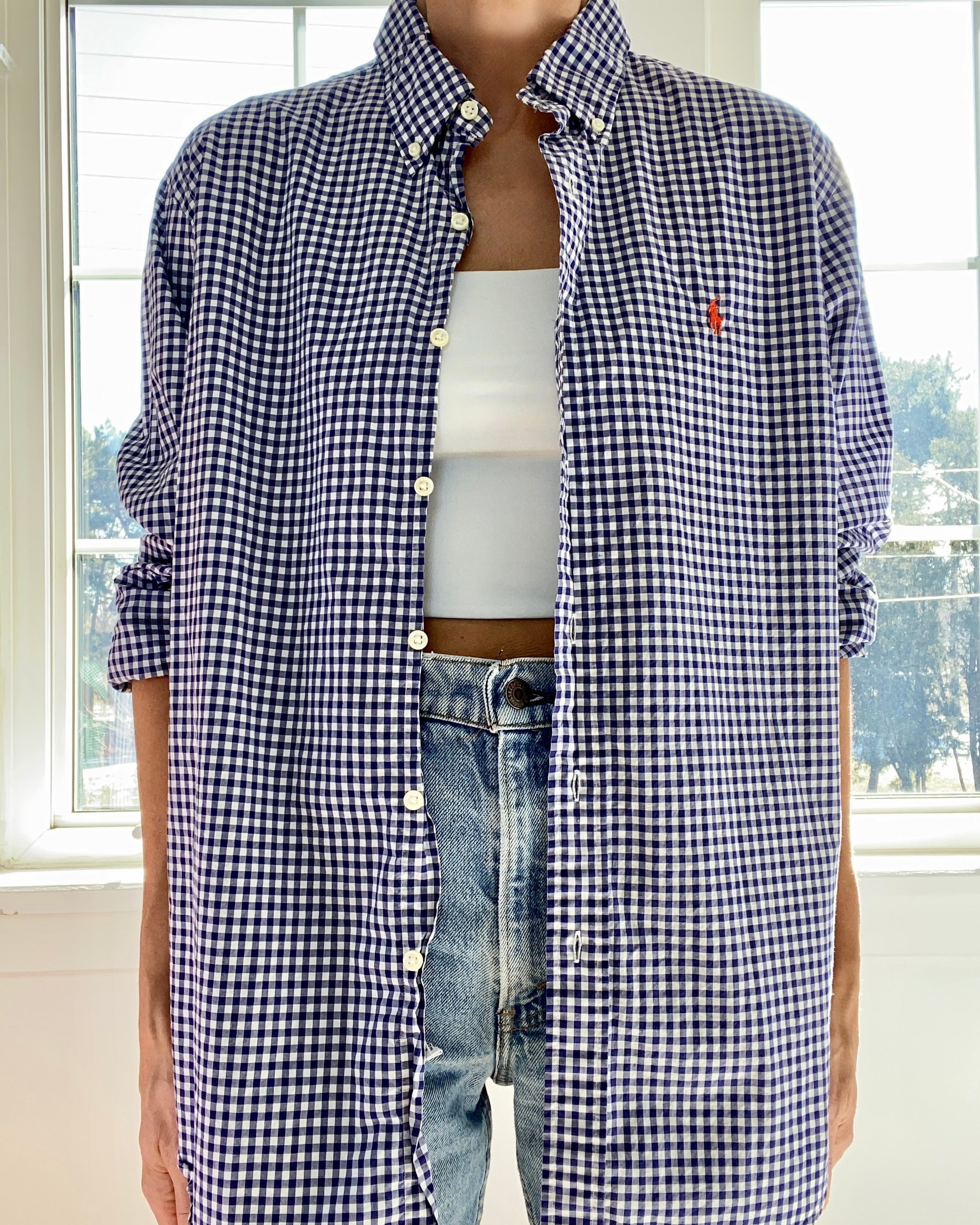 Vintage Ralph Lauren Mens Blue Gingham Button Down Shirt