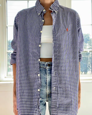 Vintage Ralph Lauren Mens Blue Gingham Button Down Shirt