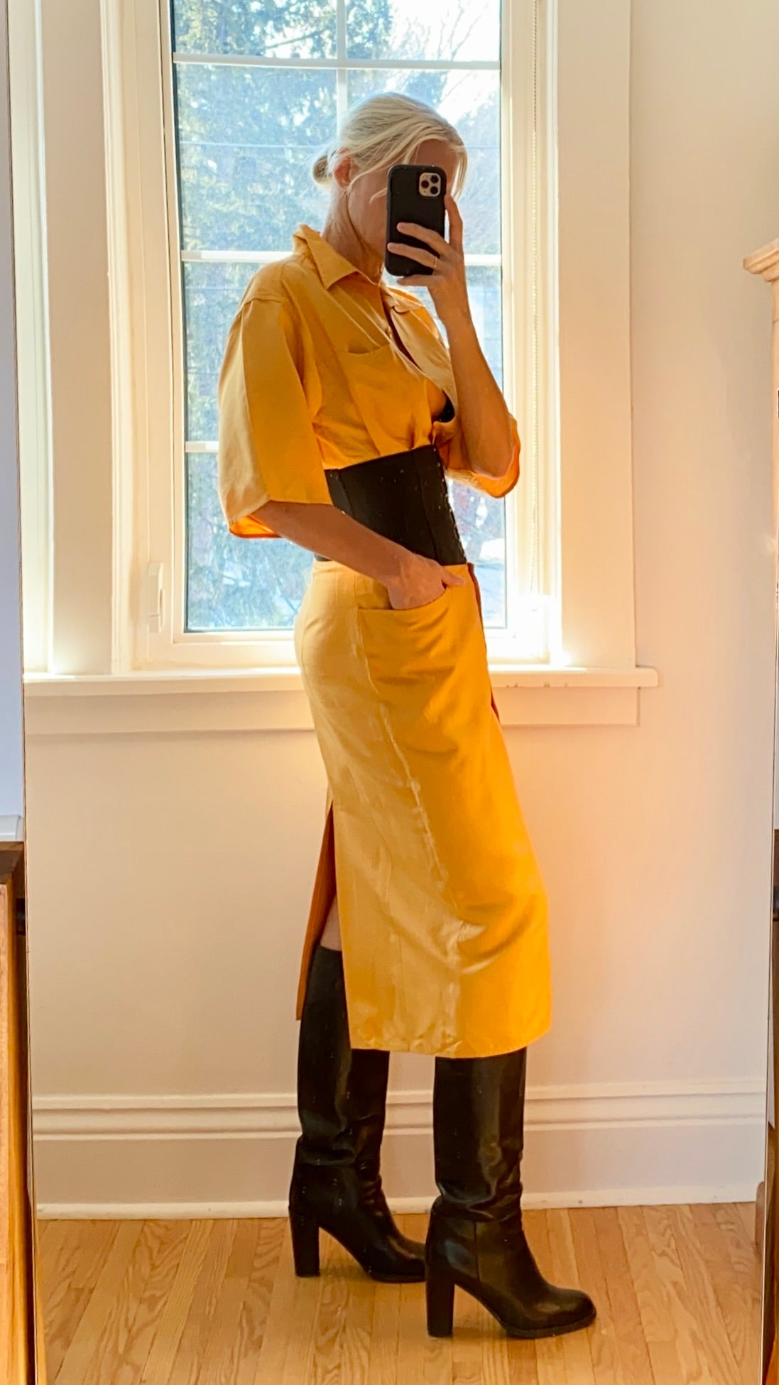 Vintage 1980s GIANFRANCO FERRE Ocre Silk Corset Shirt Dress 42 6 8