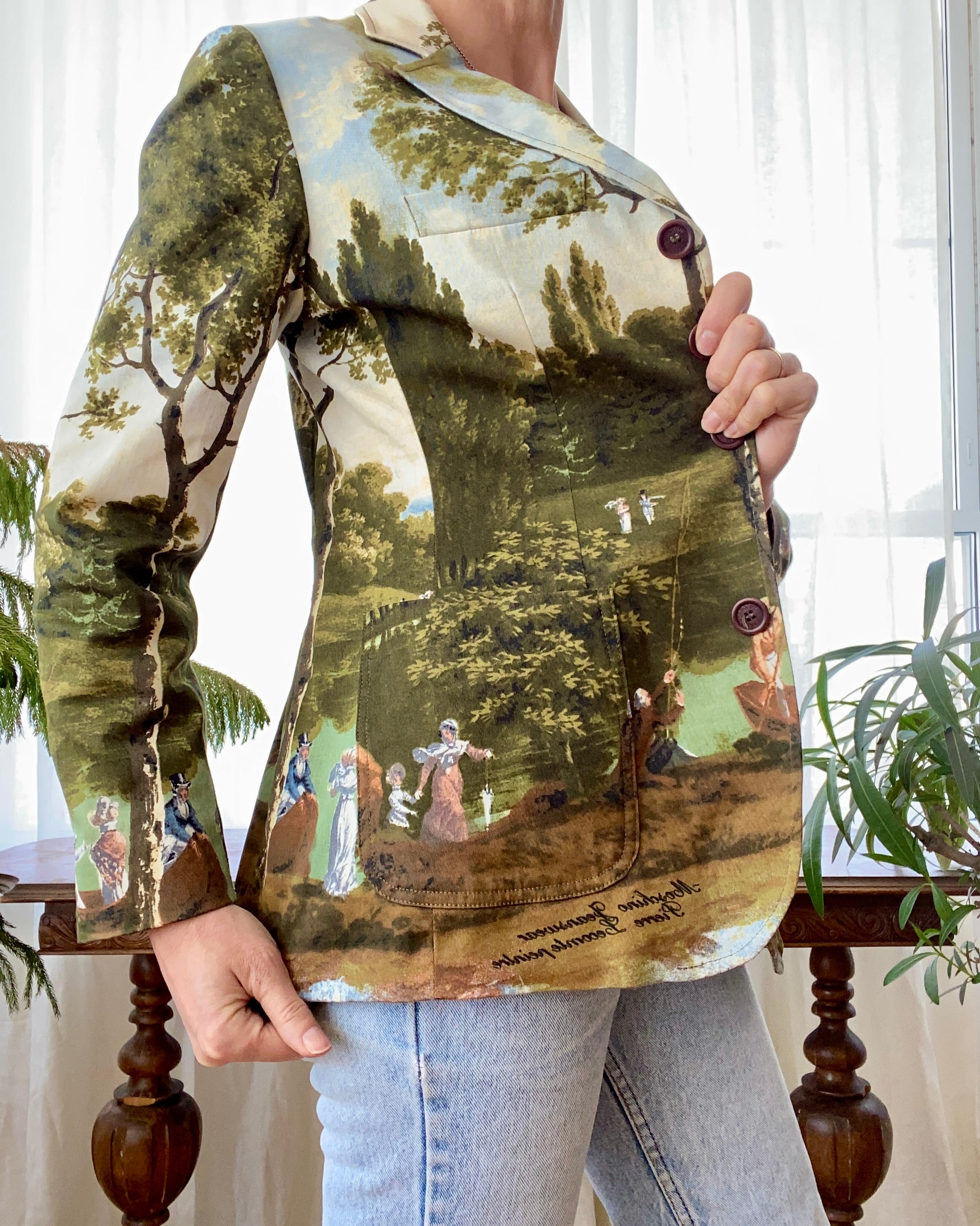 Vintage 1990s Moschino Runway Pop Art Print Blazer by Pierre Lecomte Painting Landscape Scene Italy 4 6 8 S M
