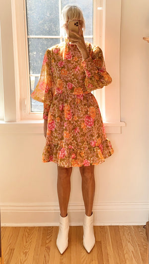 Vintage 1960s Floral Organza Puff Sleeve Sleeves M
