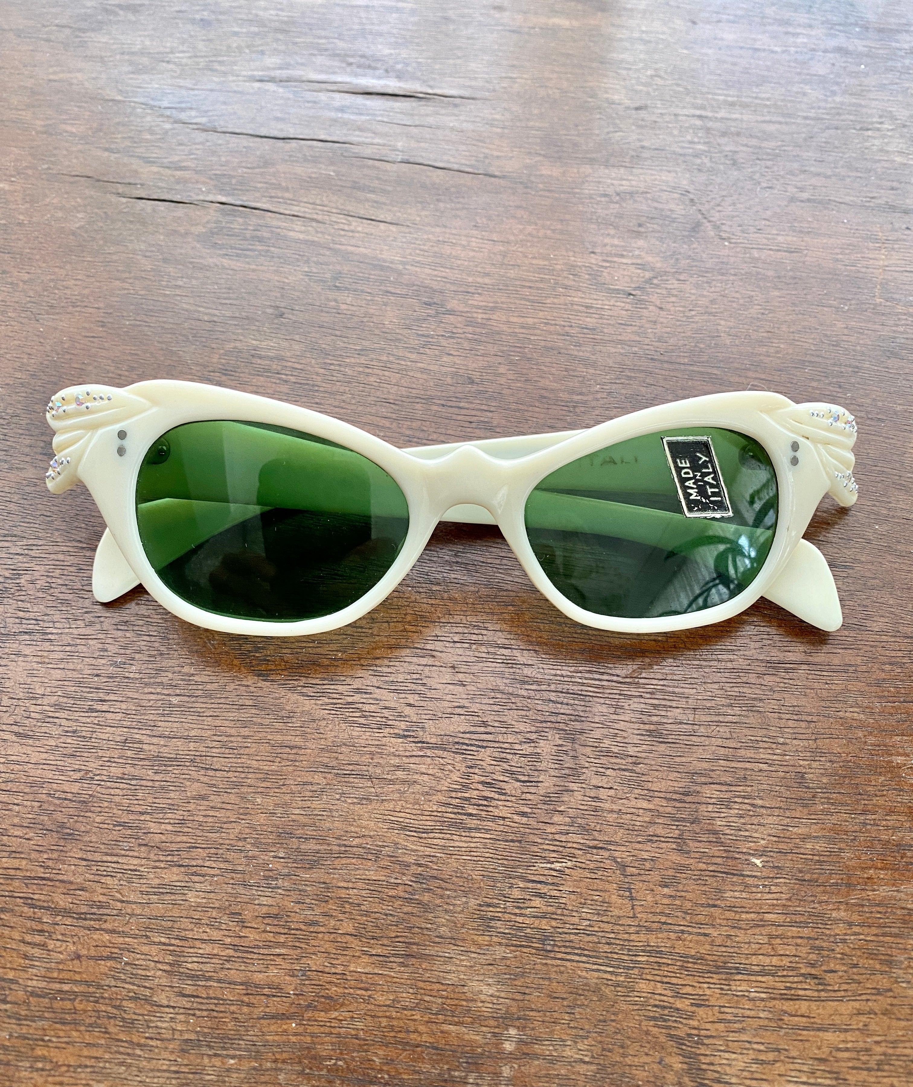 Vintage 1950s Italian Bone Color Lucite with Rhinestones Cat Eye Sunglasses Deadstock with Tags