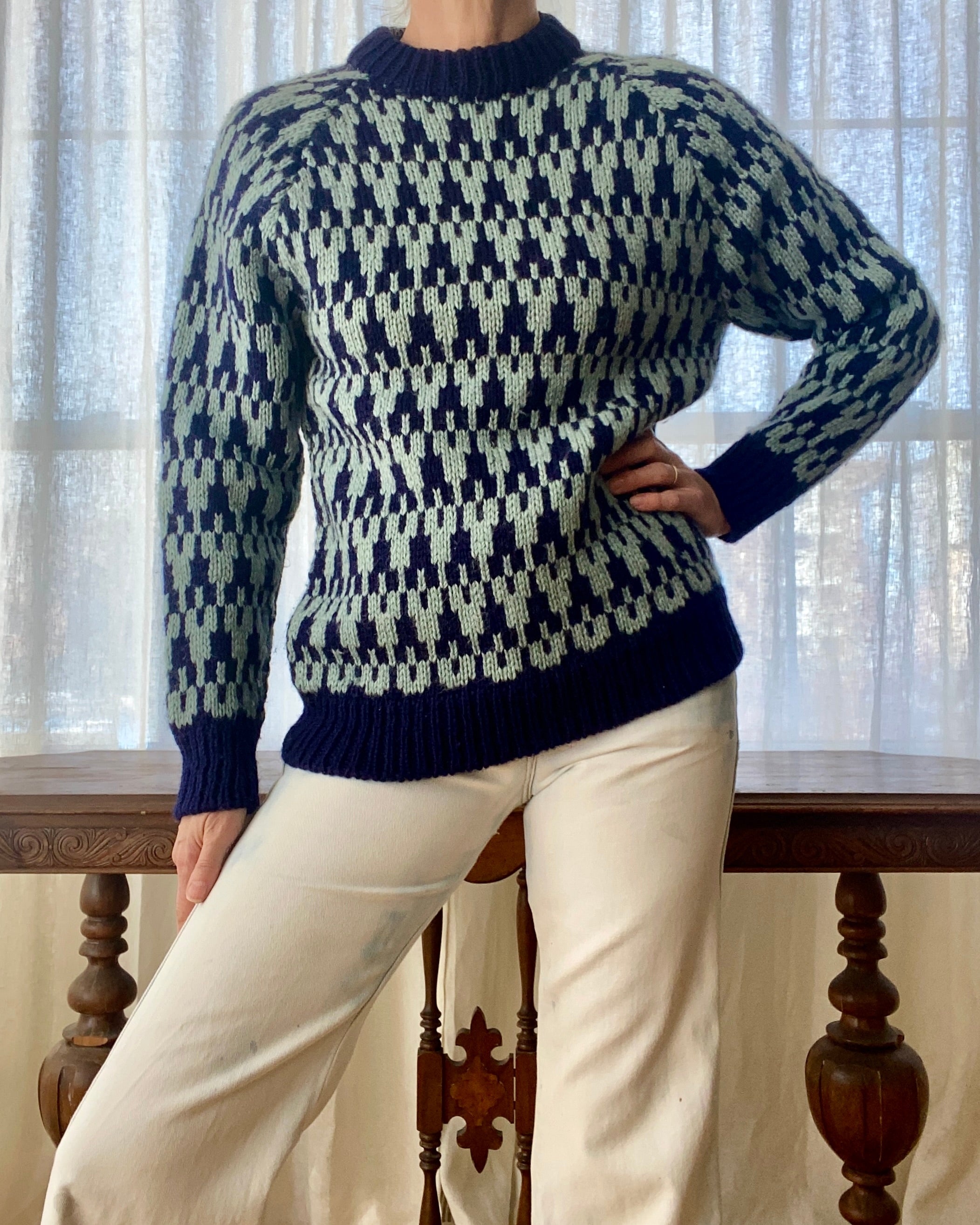Vintage Blue Houndstooth Irish Wool Sweater