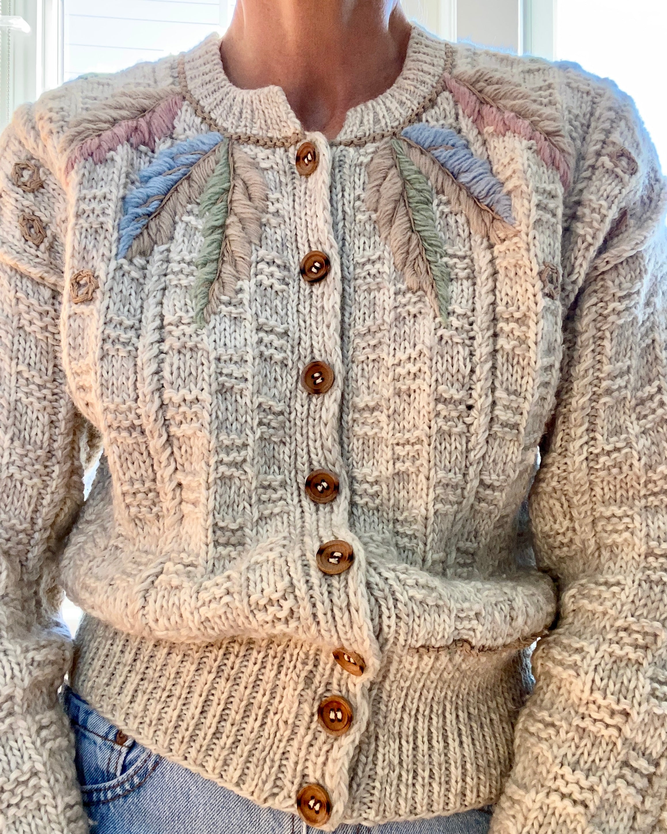 VINTAGE Embroidered Oatmeal Basket Weave Wool Cardigan