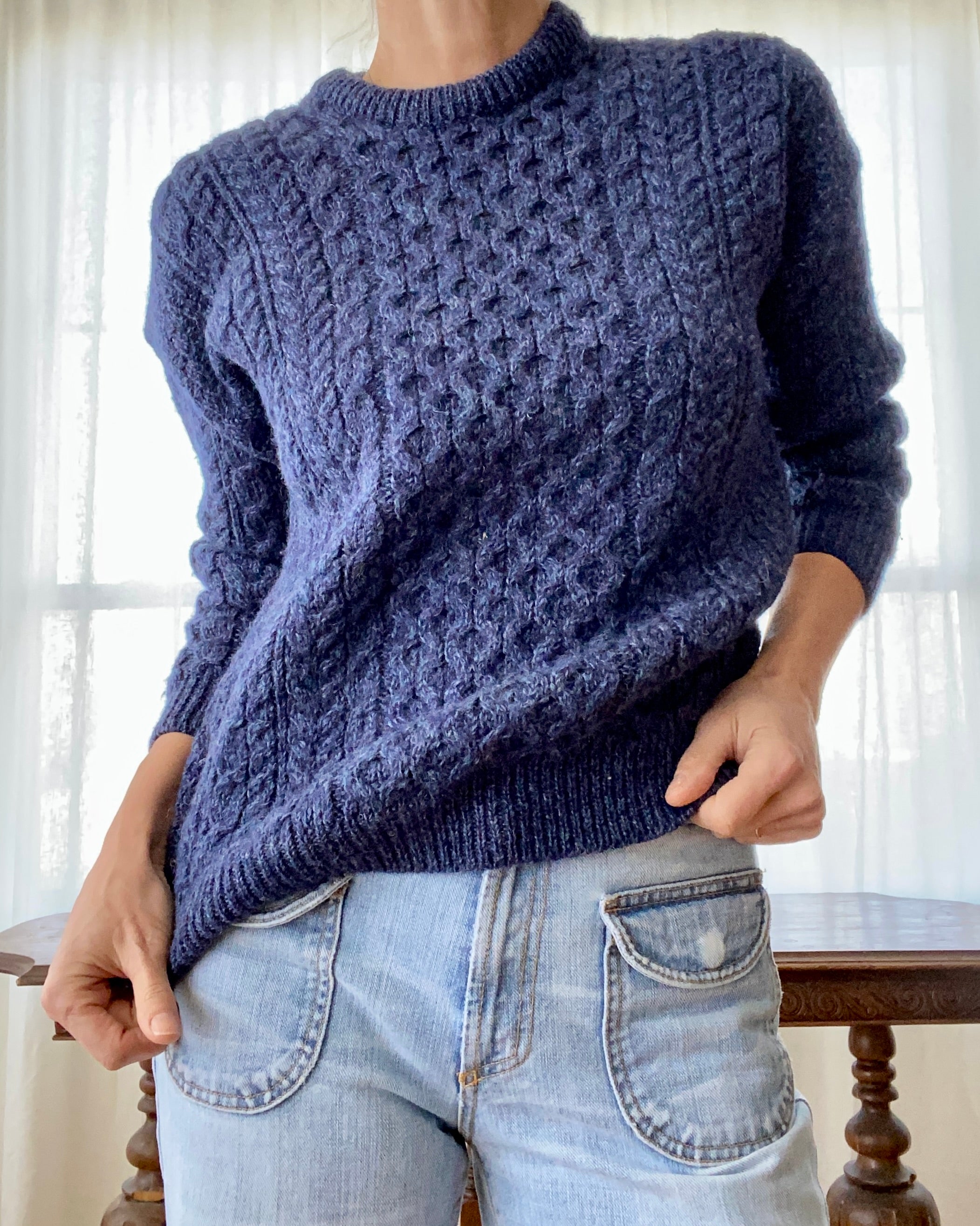 Vintage Blue Irish Fisherman Cable Sweater S or M