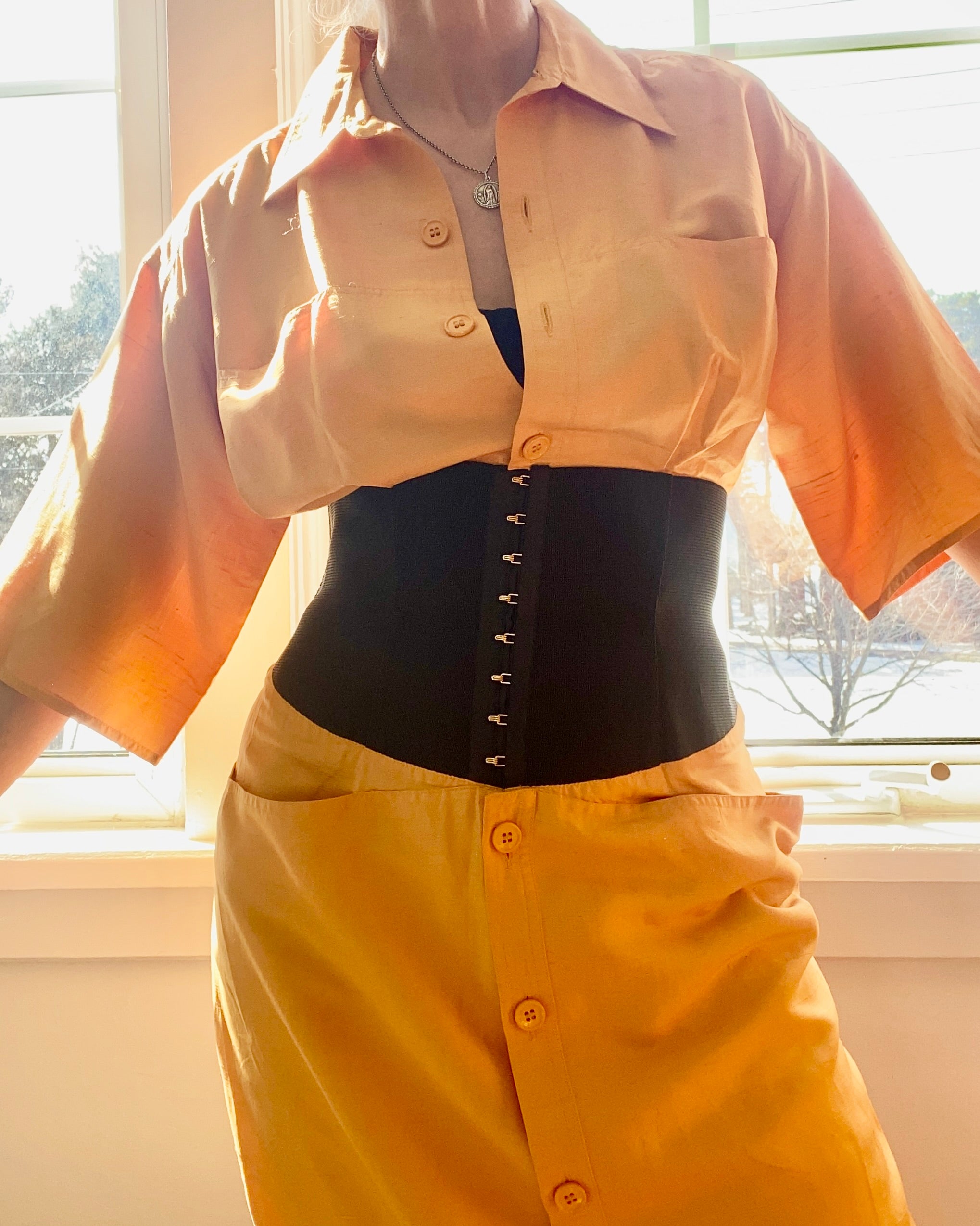 Vintage 1980s GIANFRANCO FERRE Ocre Silk Corset Shirt Dress 42 6 8