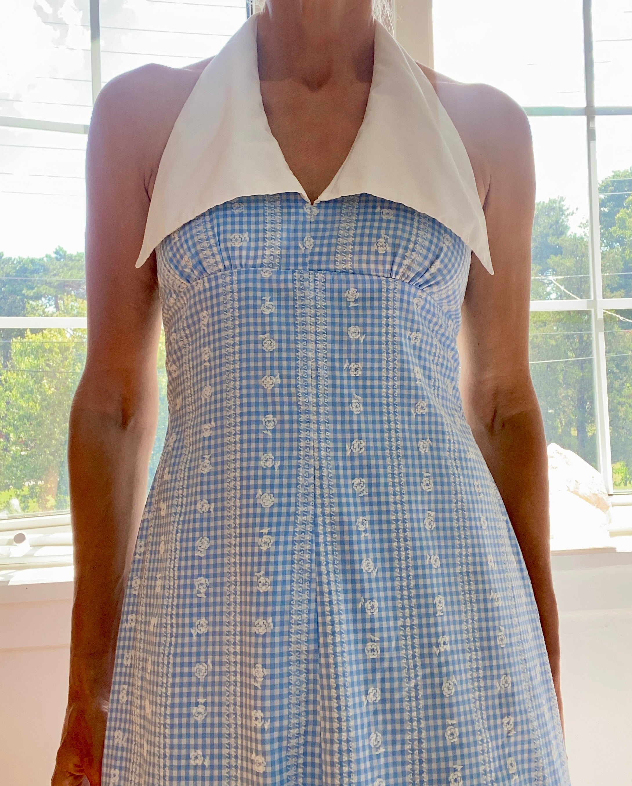 VINTAGE 1970s Baby Blue Gingham Embroidered Halter Maxi Dress