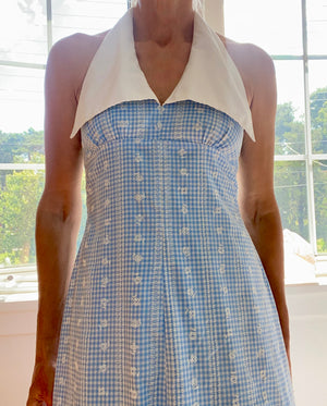 VINTAGE 1970s Baby Blue Gingham Embroidered Halter Maxi Dress