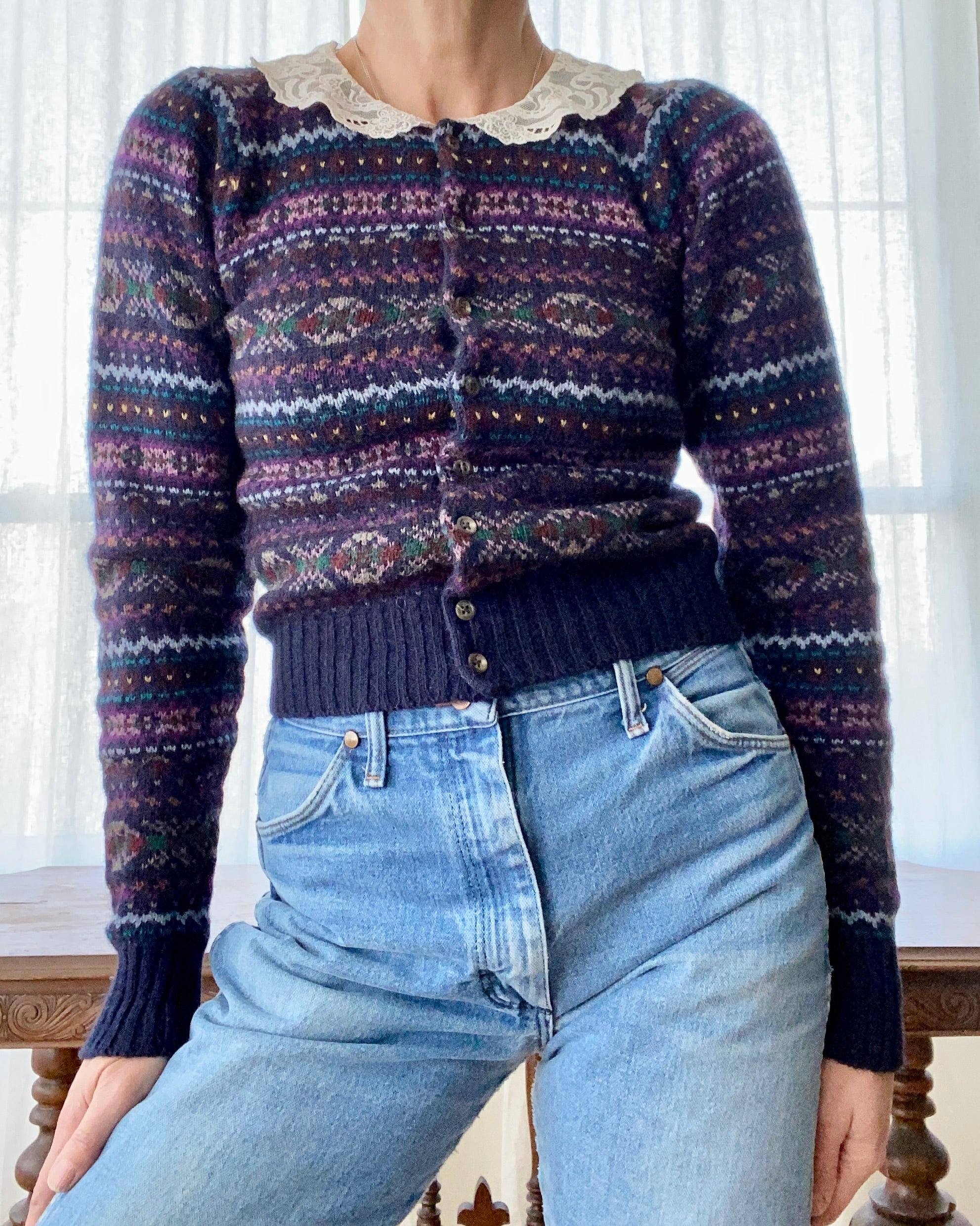 Vintage Ralph Lauren Fair Isle Wool Cardigan with Lace Collar S