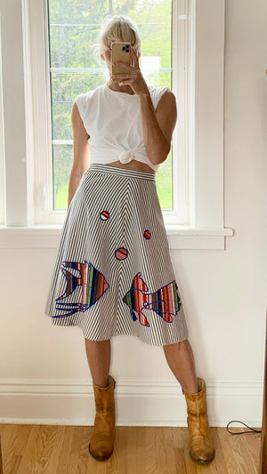 Vintage Stripe Cotton Flare Skirt with Tropical Fish Appliqué