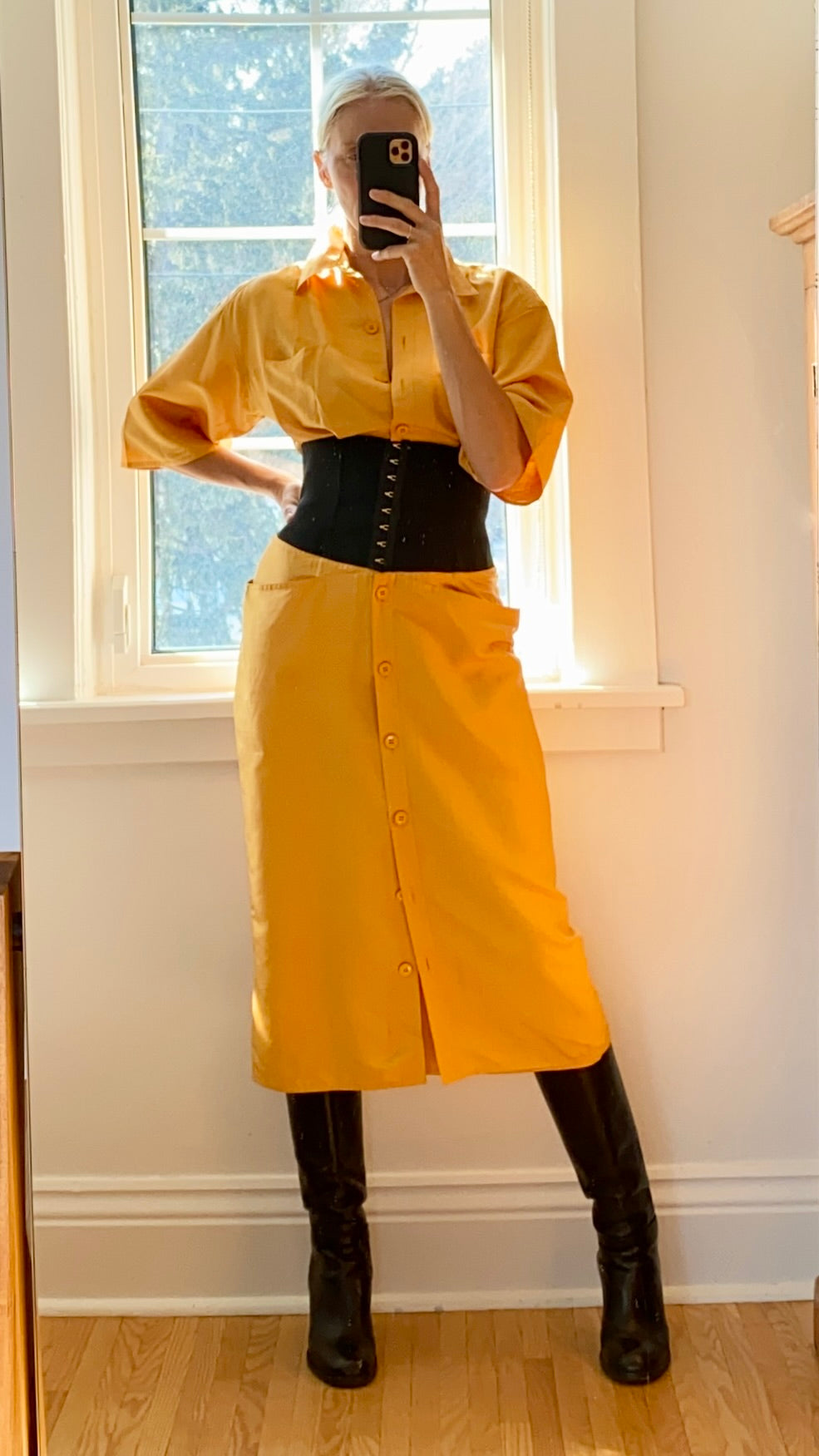 Vintage 1980s GIANFRANCO FERRE Ocre Silk Corset Shirt Dress 42 6 8