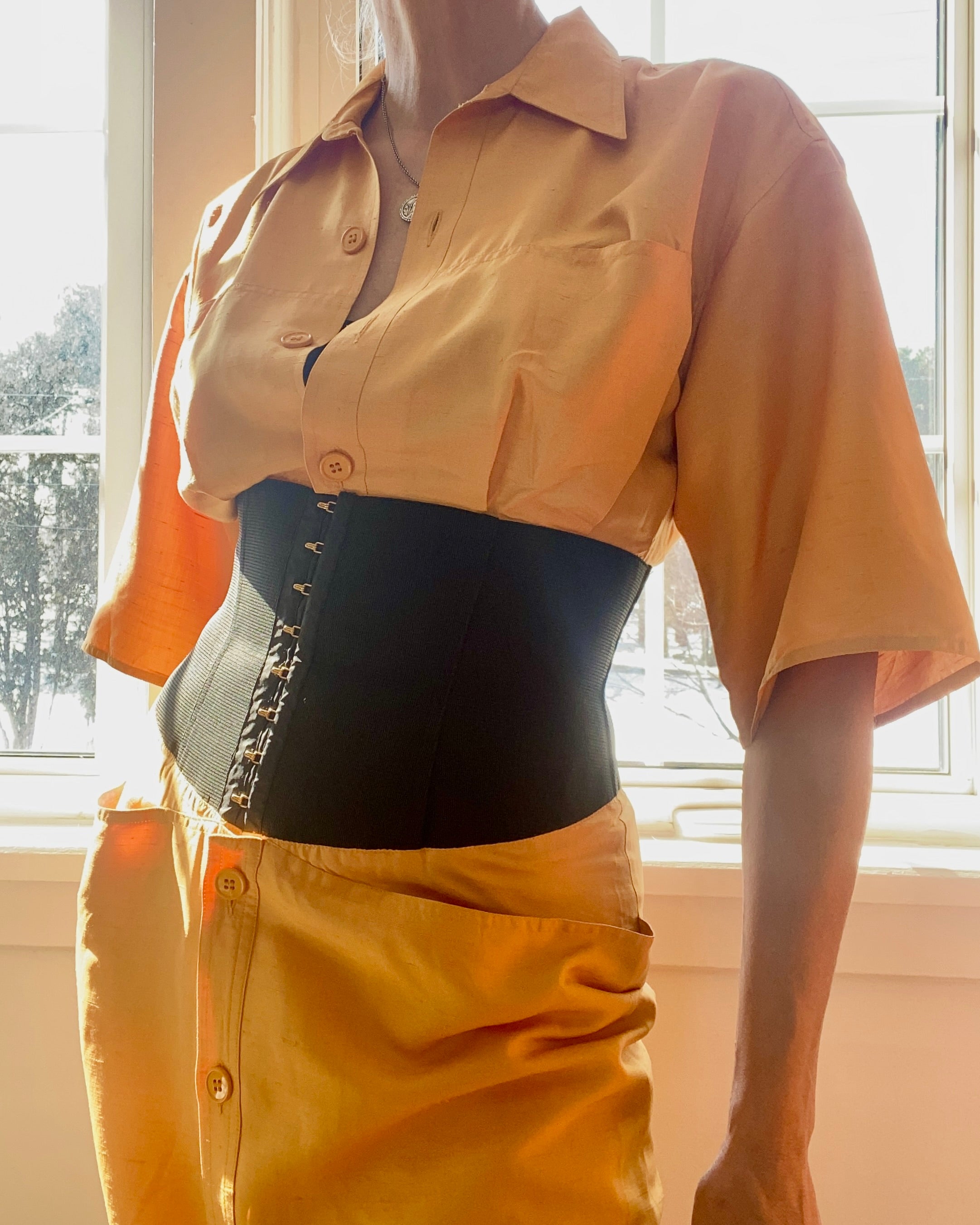 Vintage 1980s GIANFRANCO FERRE Ocre Silk Corset Shirt Dress 42 6 8