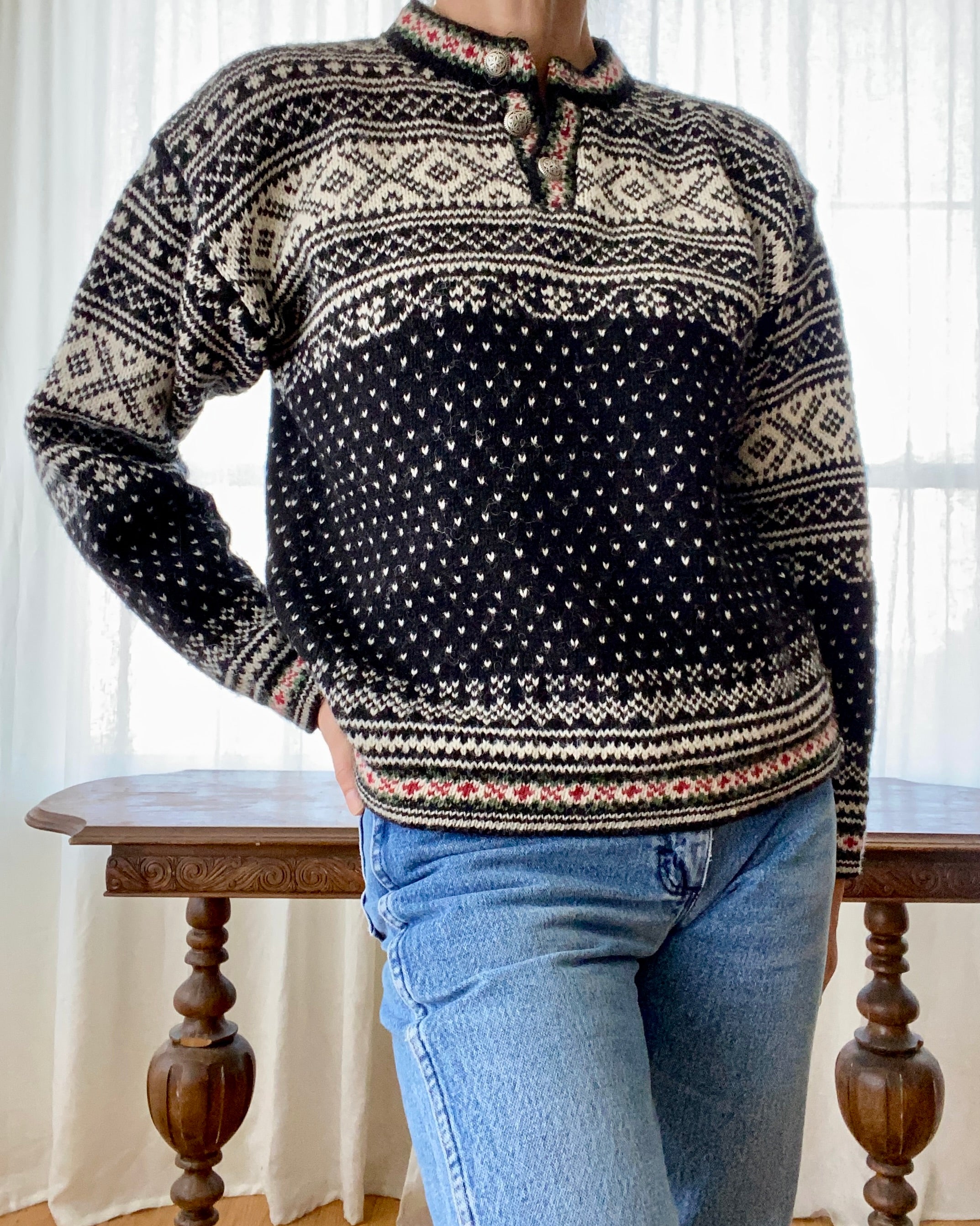 Vintage L.L. Bean Fair Isle Norwegian Style Black Sweater Henley USA M