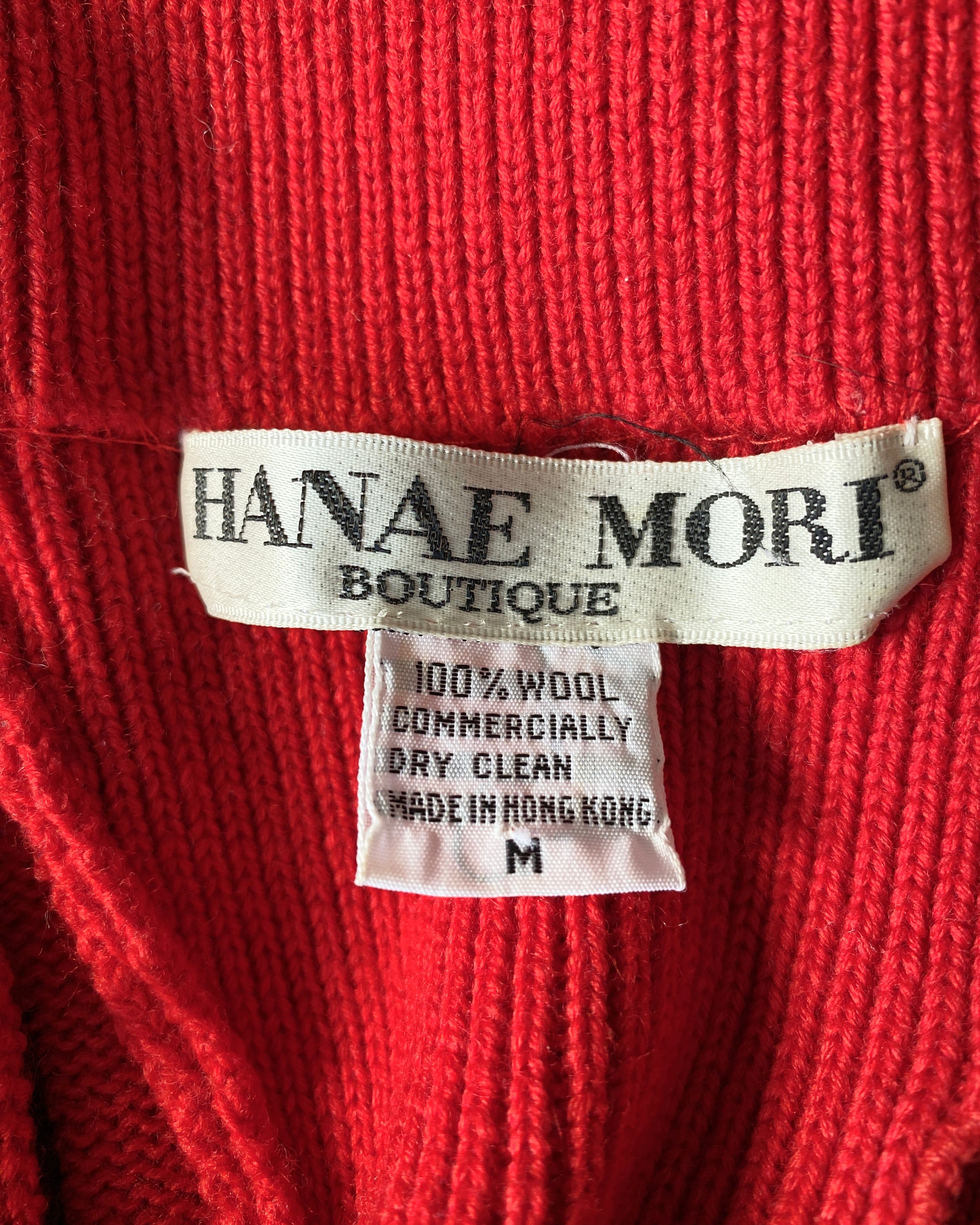 VINTAGE 1980s HANAE MORI Boutique Red Matisse Knit Cream Dress M