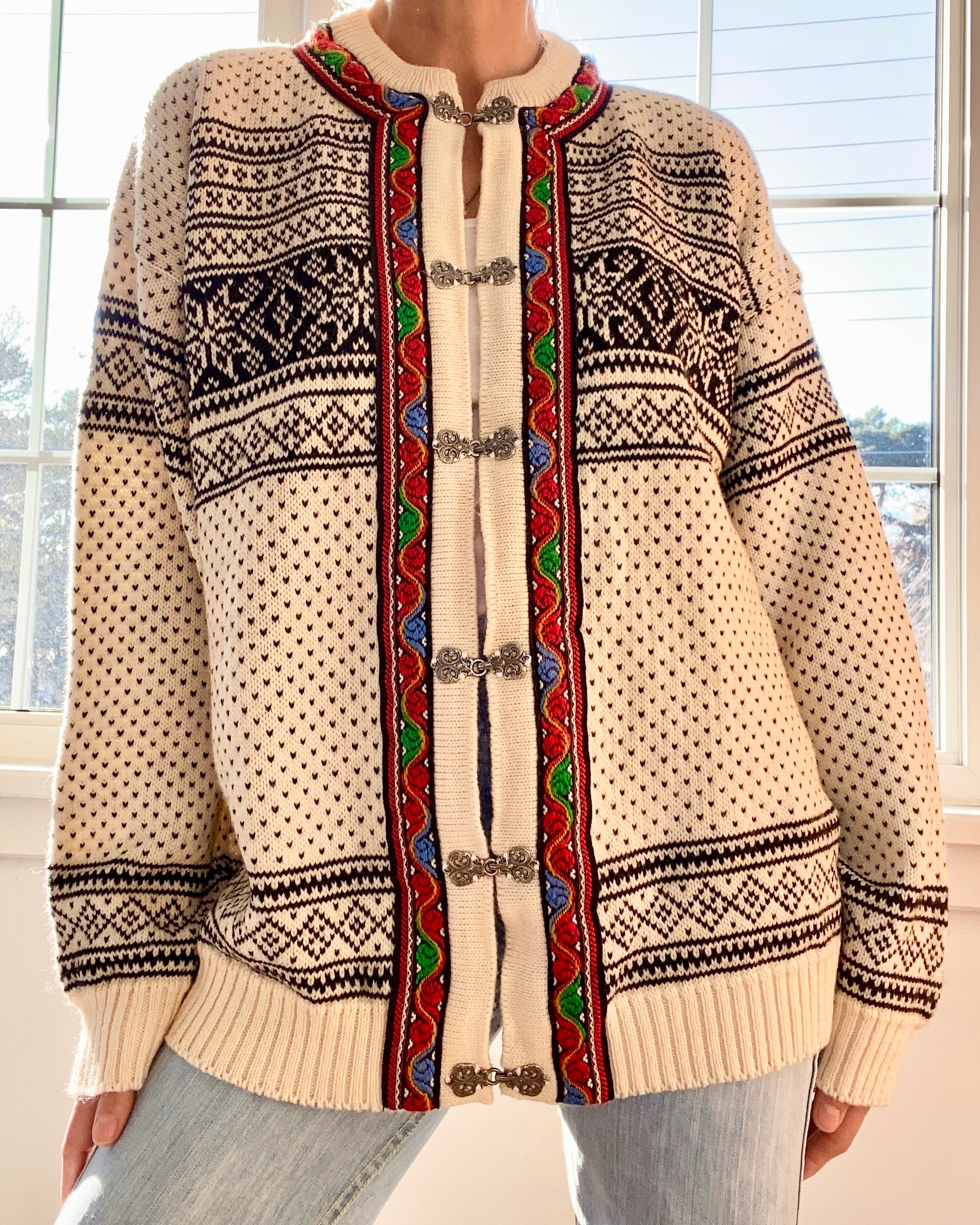Vintage Skjaveland Fair Isle Norwegian Cream Cardigan L XL