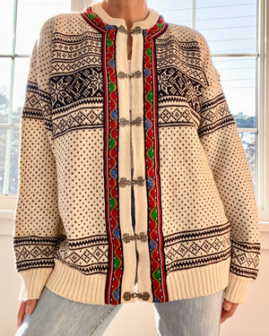 Vintage Skjaveland Fair Isle Norwegian Cream Cardigan L XL