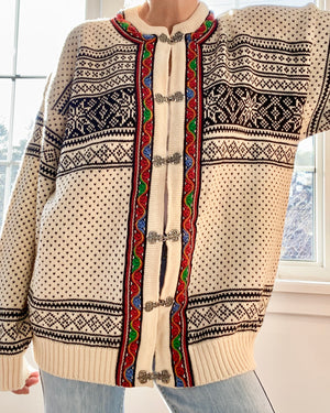 Vintage Skjaveland Fair Isle Norwegian Cream Cardigan L XL
