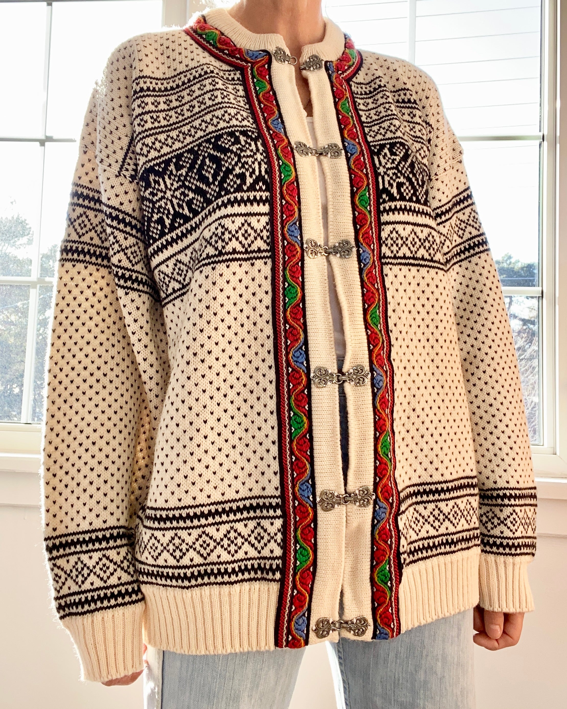 Vintage Skjaveland Fair Isle Norwegian Cream Cardigan L XL