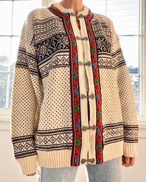 Vintage Skjaveland Fair Isle Norwegian Cream Cardigan L XL