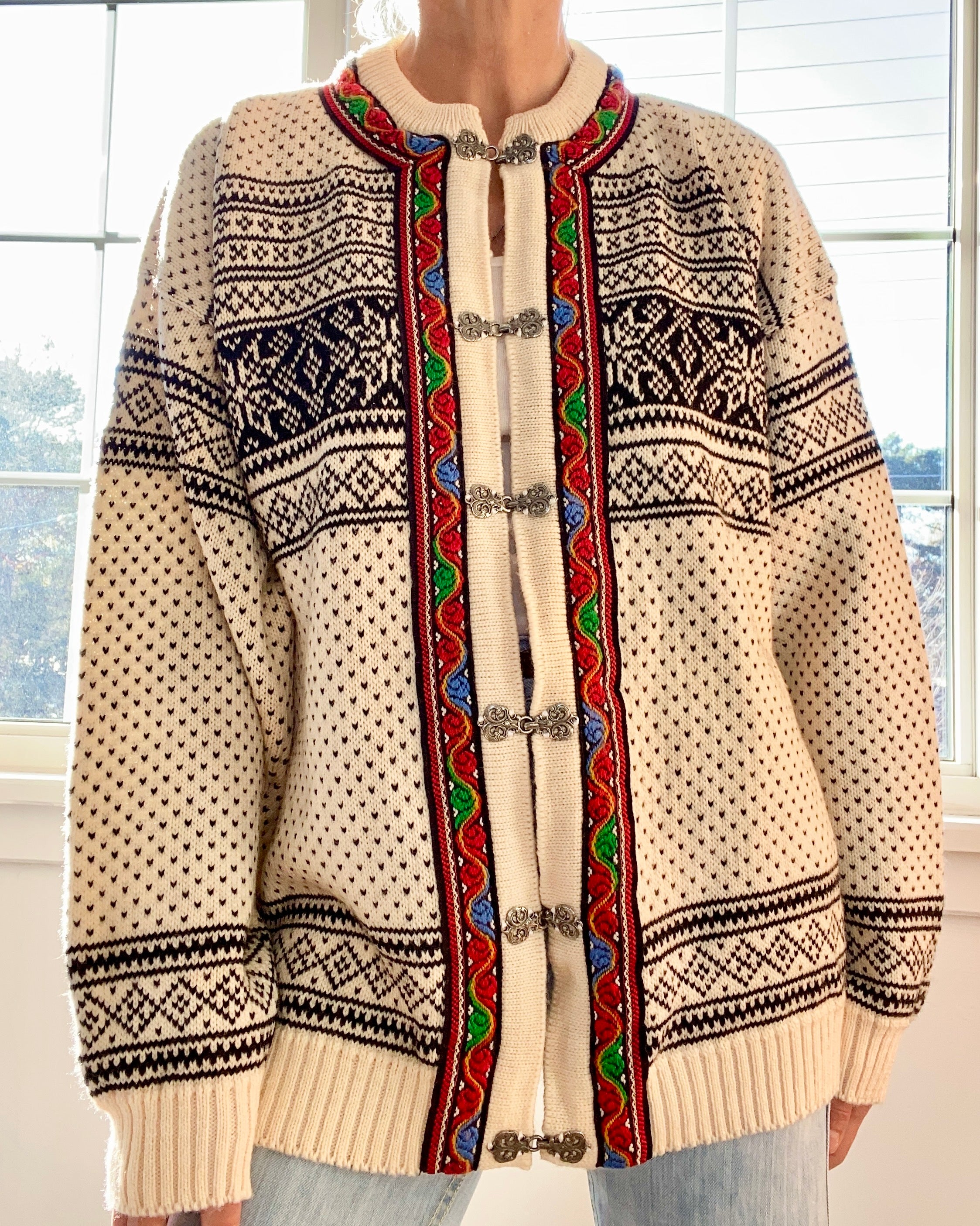 Vintage Skjaveland Fair Isle Norwegian Cream Cardigan L XL