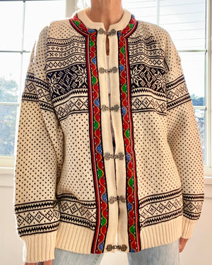 Vintage Skjaveland Fair Isle Norwegian Cream Cardigan L XL