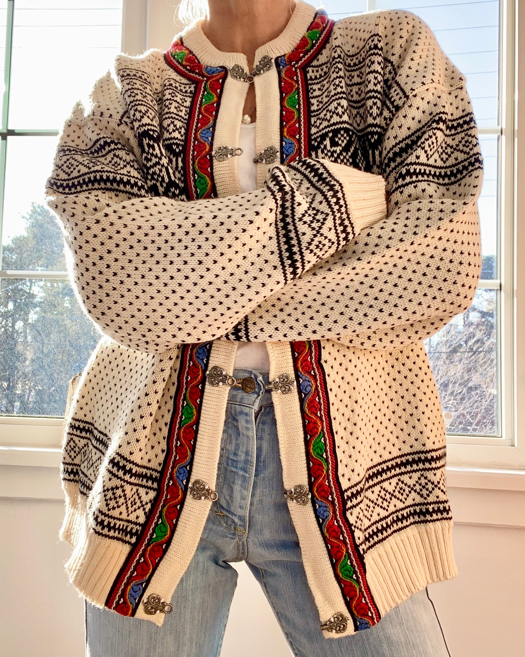 Vintage Skjaveland Fair Isle Norwegian Cream Cardigan L XL