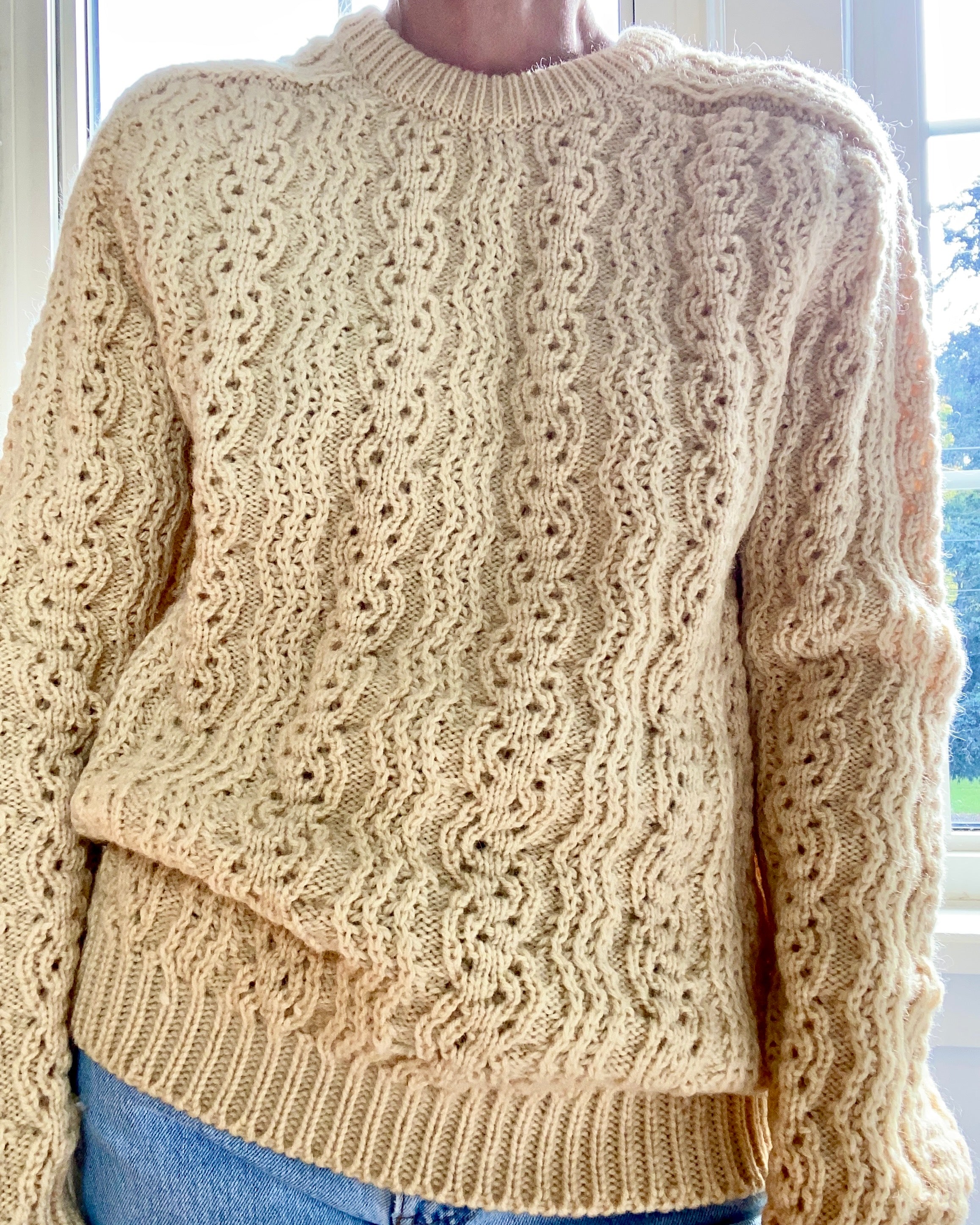 Vintage Handknit Cream Fisherman Pointelle Cable Sweater