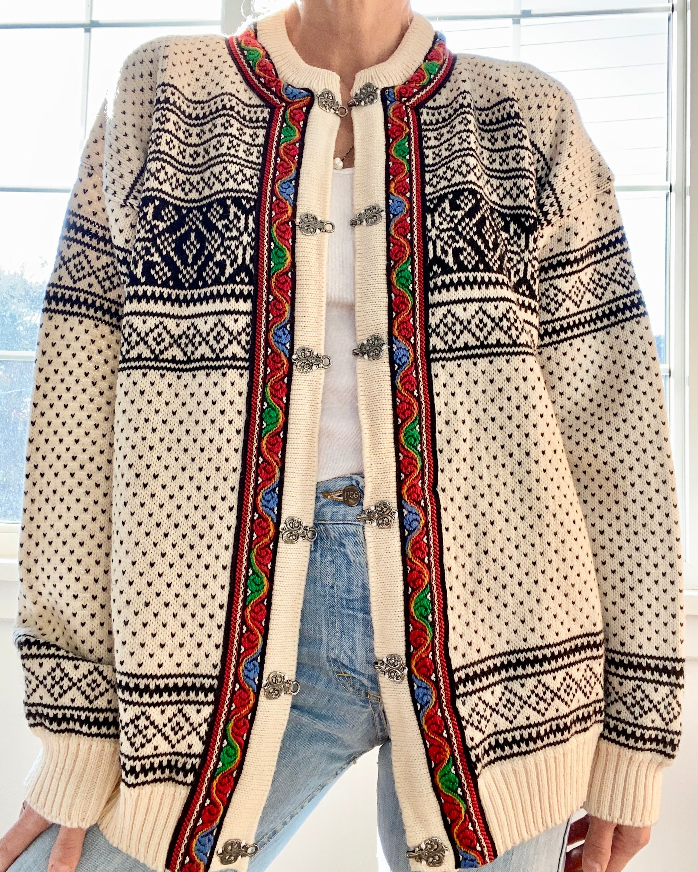Vintage Skjaveland Fair Isle Norwegian Cream Cardigan L XL