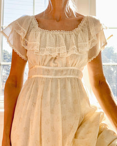 Vintage 1970s Gunne Sax by Jessica San Francisco Prairie Floral Cream Voile and Lace Maxi Dress