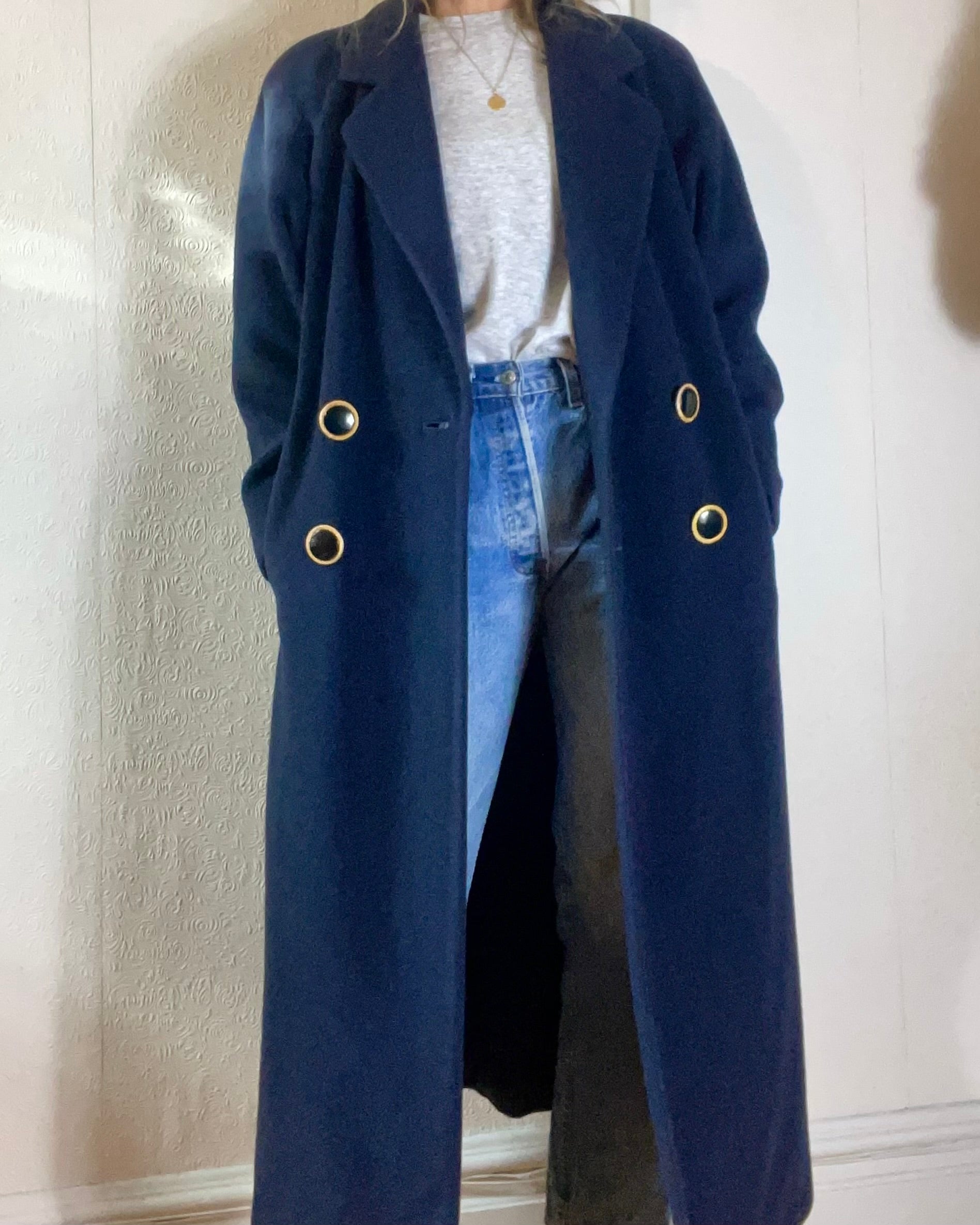 Vintage Navy Pure Cashmere Double Breasted Long Coat L XL