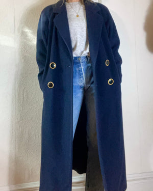 Vintage Navy Pure Cashmere Double Breasted Long Coat L XL