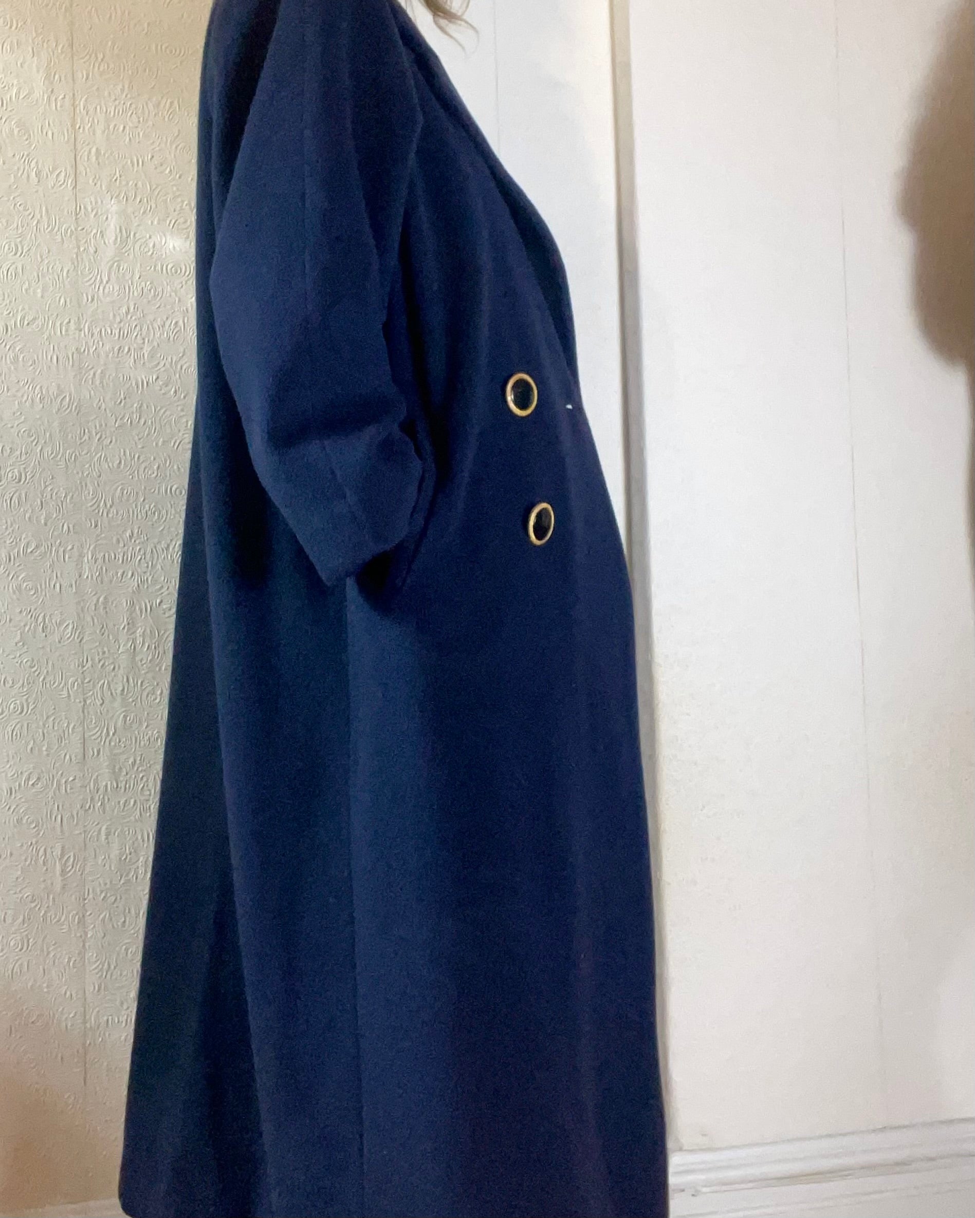Vintage Navy Pure Cashmere Double Breasted Long Coat L XL