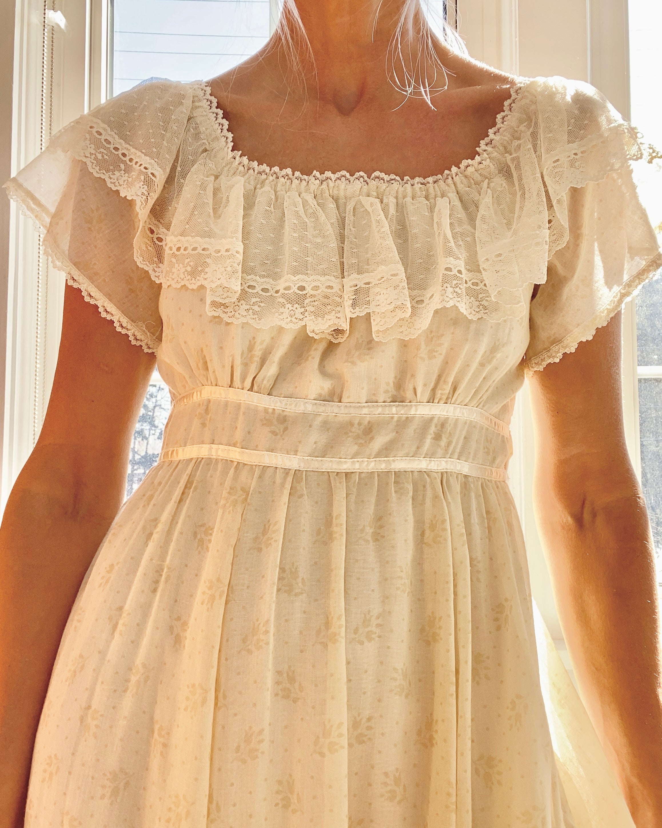 Vintage 1970s Gunne Sax by Jessica San Francisco Prairie Floral Cream Voile and Lace Maxi Dress