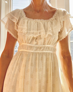 Vintage 1970s Gunne Sax by Jessica San Francisco Prairie Floral Cream Voile and Lace Maxi Dress