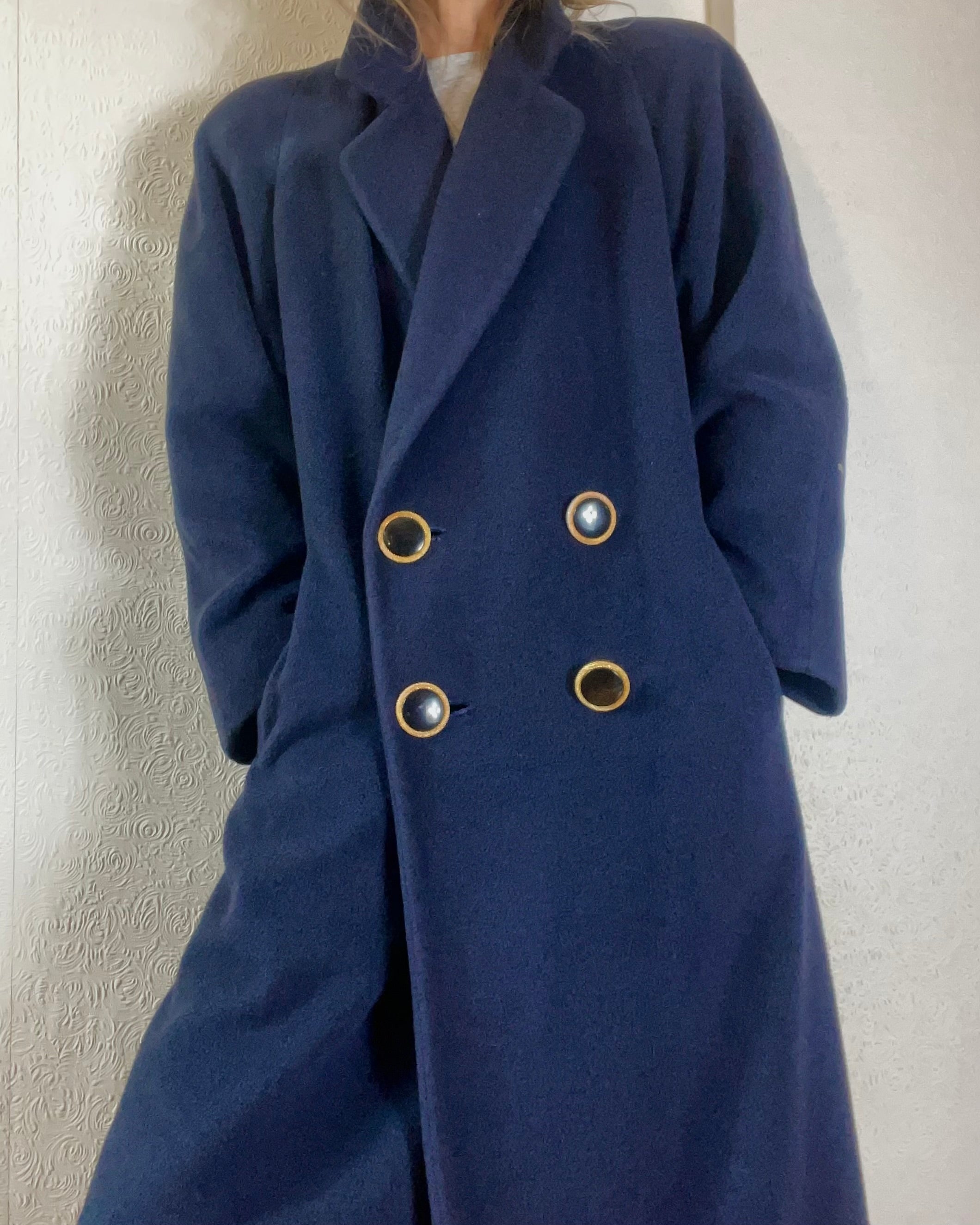 Vintage Navy Pure Cashmere Double Breasted Long Coat L XL