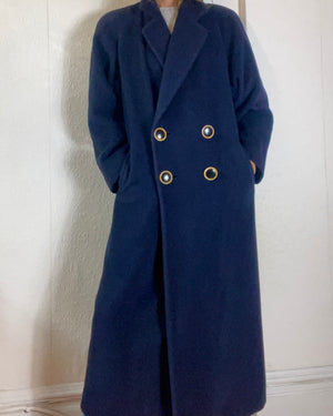 Vintage Navy Pure Cashmere Double Breasted Long Coat L XL