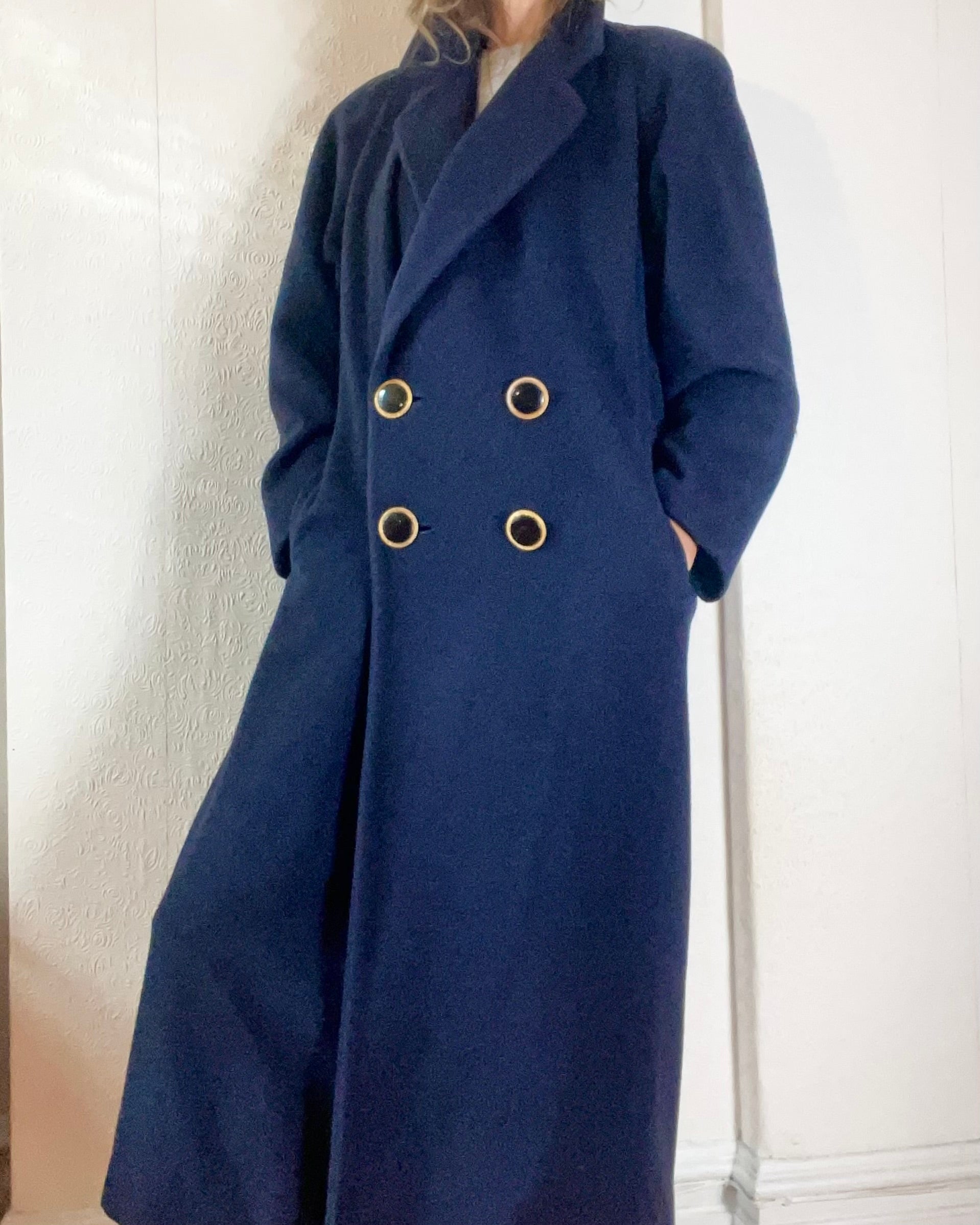Vintage Navy Pure Cashmere Double Breasted Long Coat L XL