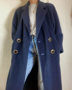 Vintage Navy Pure Cashmere Double Breasted Long Coat L XL
