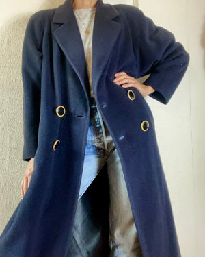 Vintage Navy Pure Cashmere Double Breasted Long Coat L XL