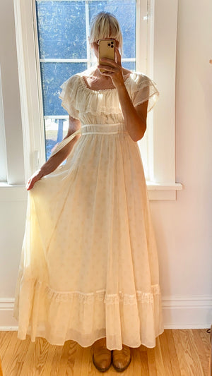Vintage 1970s Gunne Sax by Jessica San Francisco Prairie Floral Cream Voile and Lace Maxi Dress