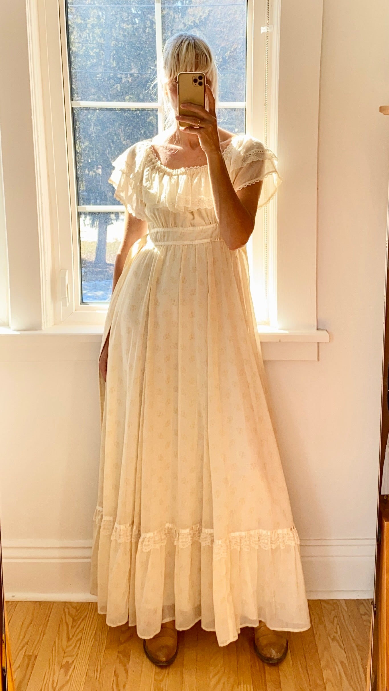 Vintage 1970s Gunne Sax by Jessica San Francisco Prairie Floral Cream Voile and Lace Maxi Dress