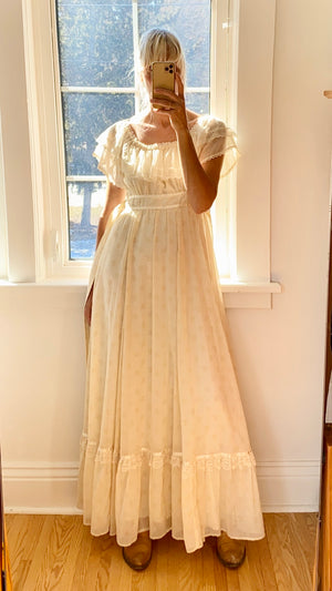 Vintage 1970s Gunne Sax by Jessica San Francisco Prairie Floral Cream Voile and Lace Maxi Dress