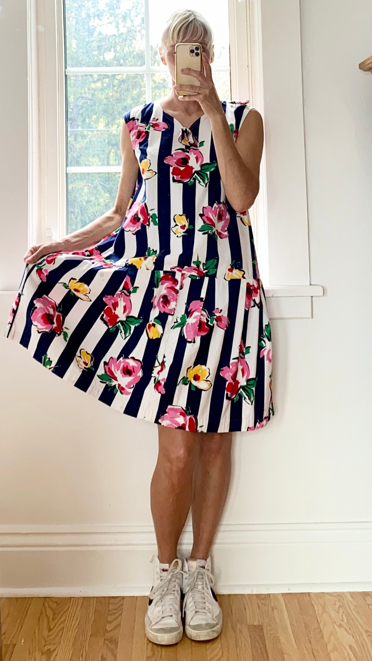 Vintage Stripe and Floral Print Cotton Shift Dress